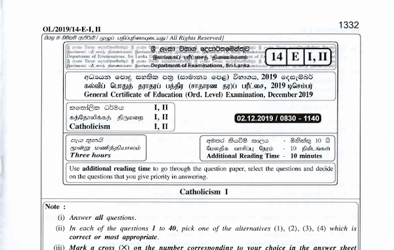 2019 G.C.E O/L Catholicism Paper I & II (English Medium)
