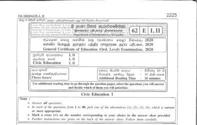 2020 G.C.E O/L Civic Education Paper I & II (English Medium)