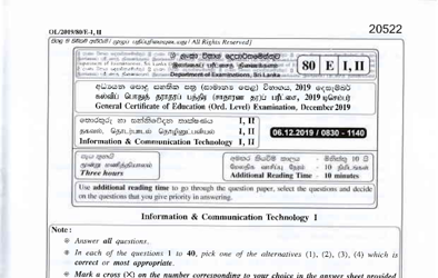 2019 G.C.E O/L Information & Communication Technology Paper I & II (English Medium)