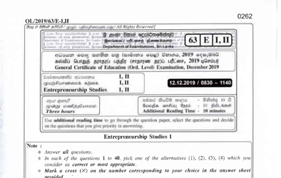 2019 G.C.E O/L Entrepreneurship Studies Paper I & II (English Medium)