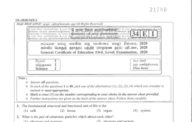 2020 G.C.E O/L Science Paper I & II (English Medium)